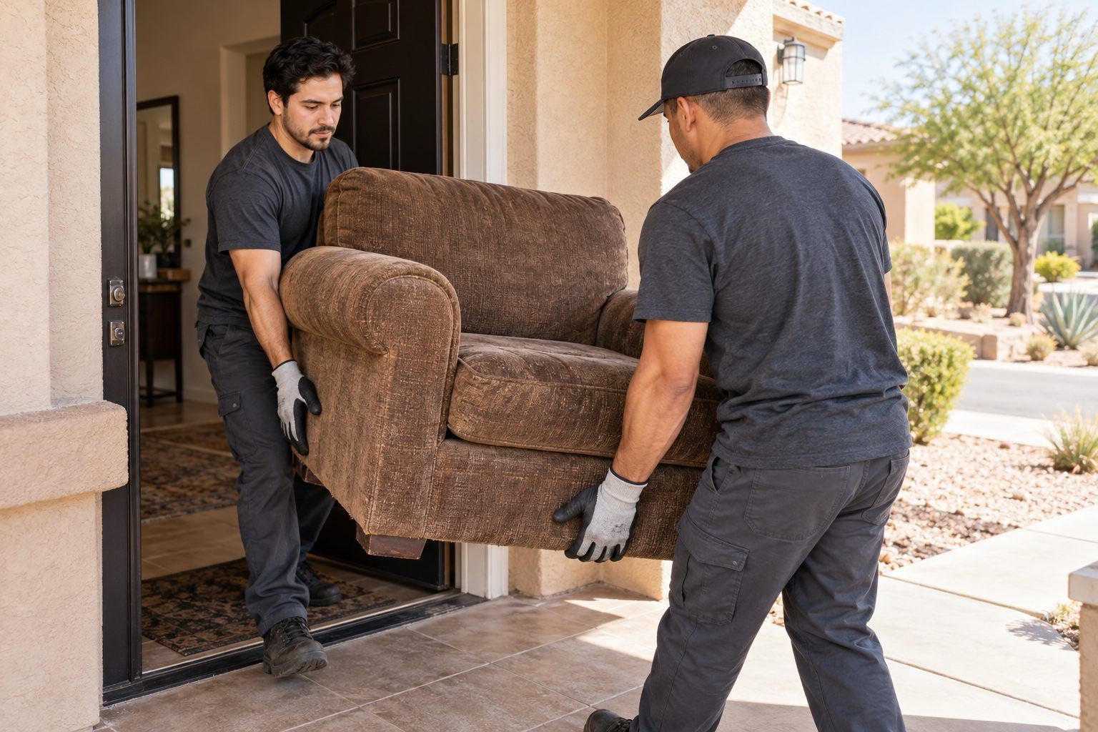 Two workers carrying a brown armchair out of a front door