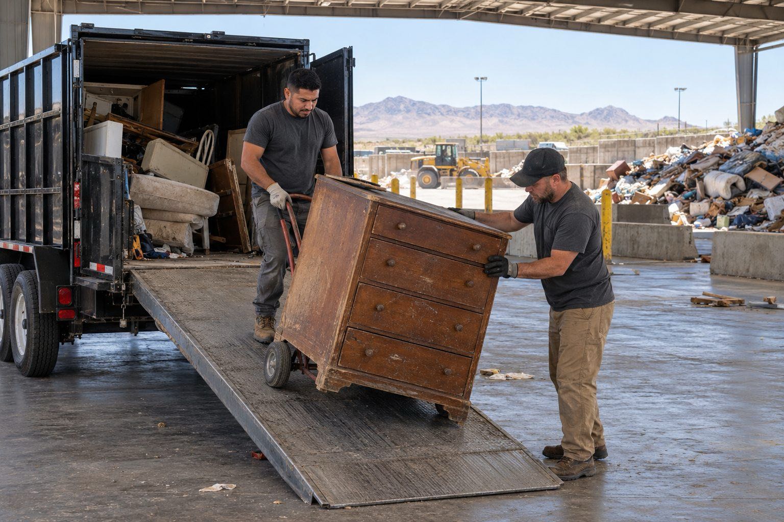 Two workers moving a wooden dresser down a trailer ramp