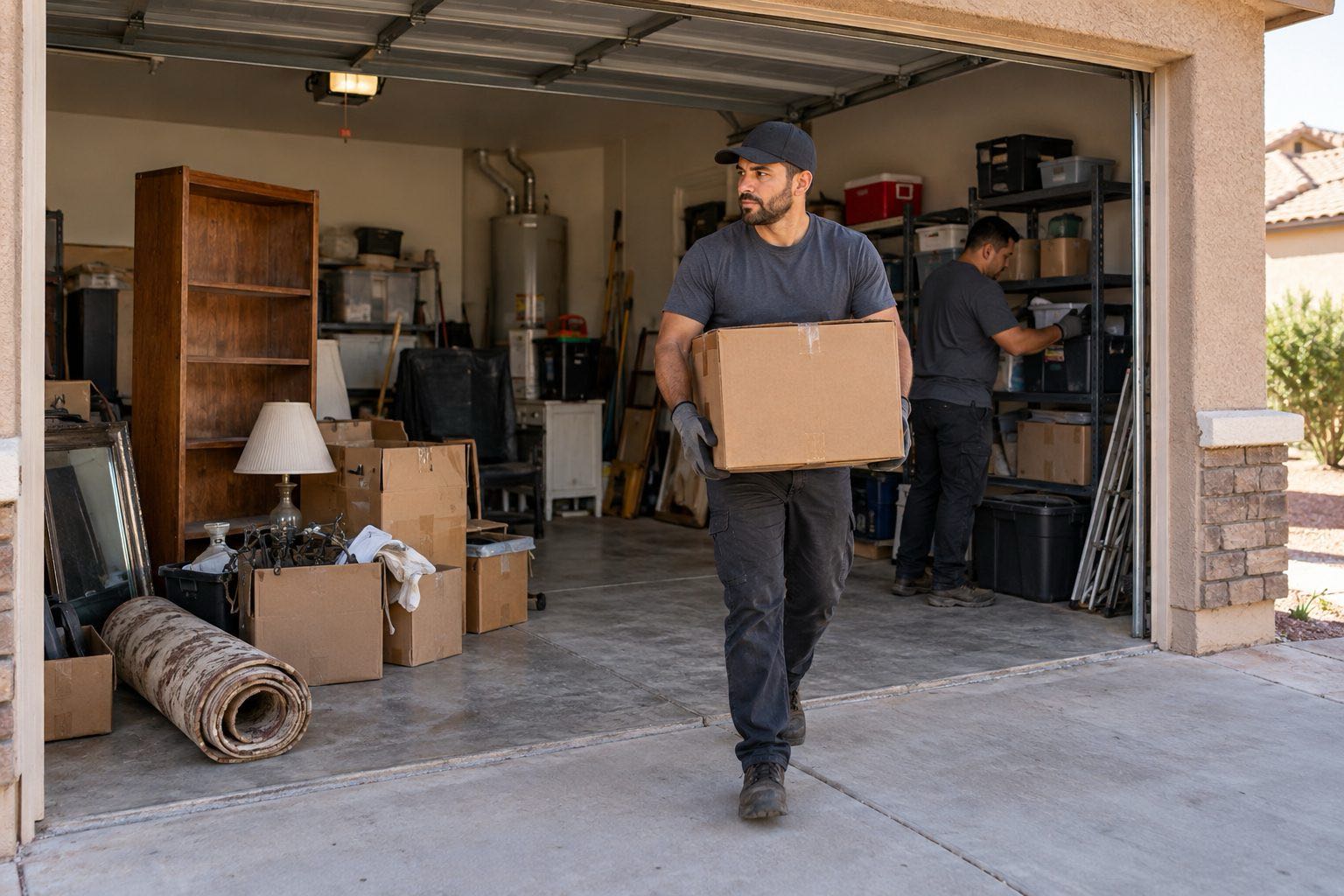 Worker carrying a cardboard box out of a cluttered garage