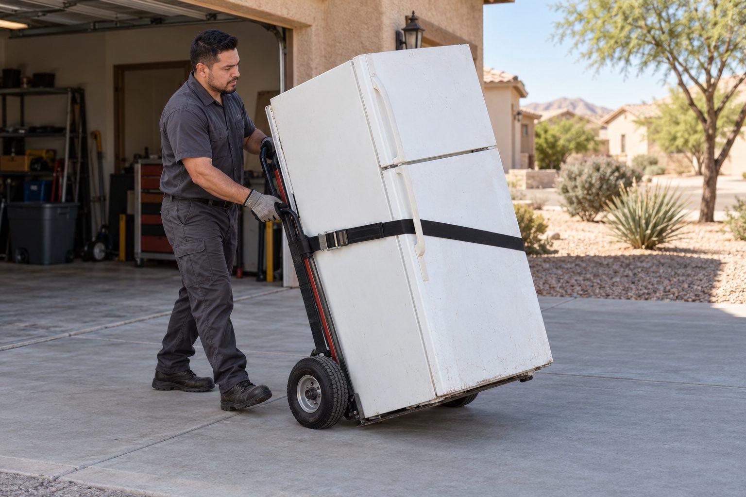 Worker wheeling a white refrigerator on a hand truck across a driveway