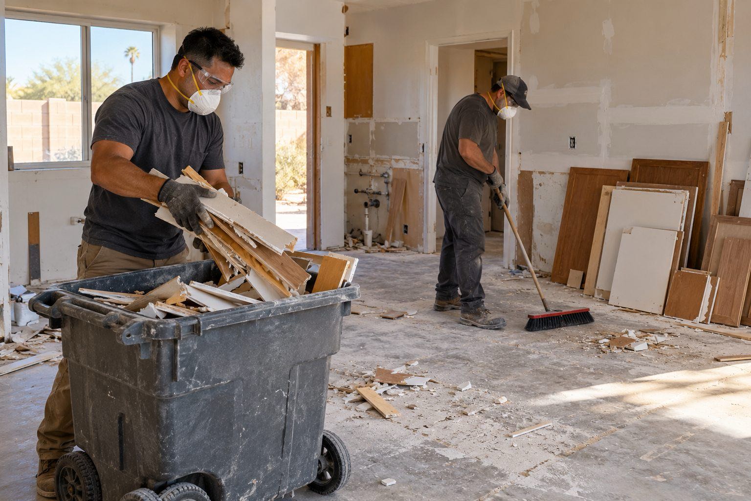 Two workers in dust masks clearing wood scraps and debris from a room under renovation